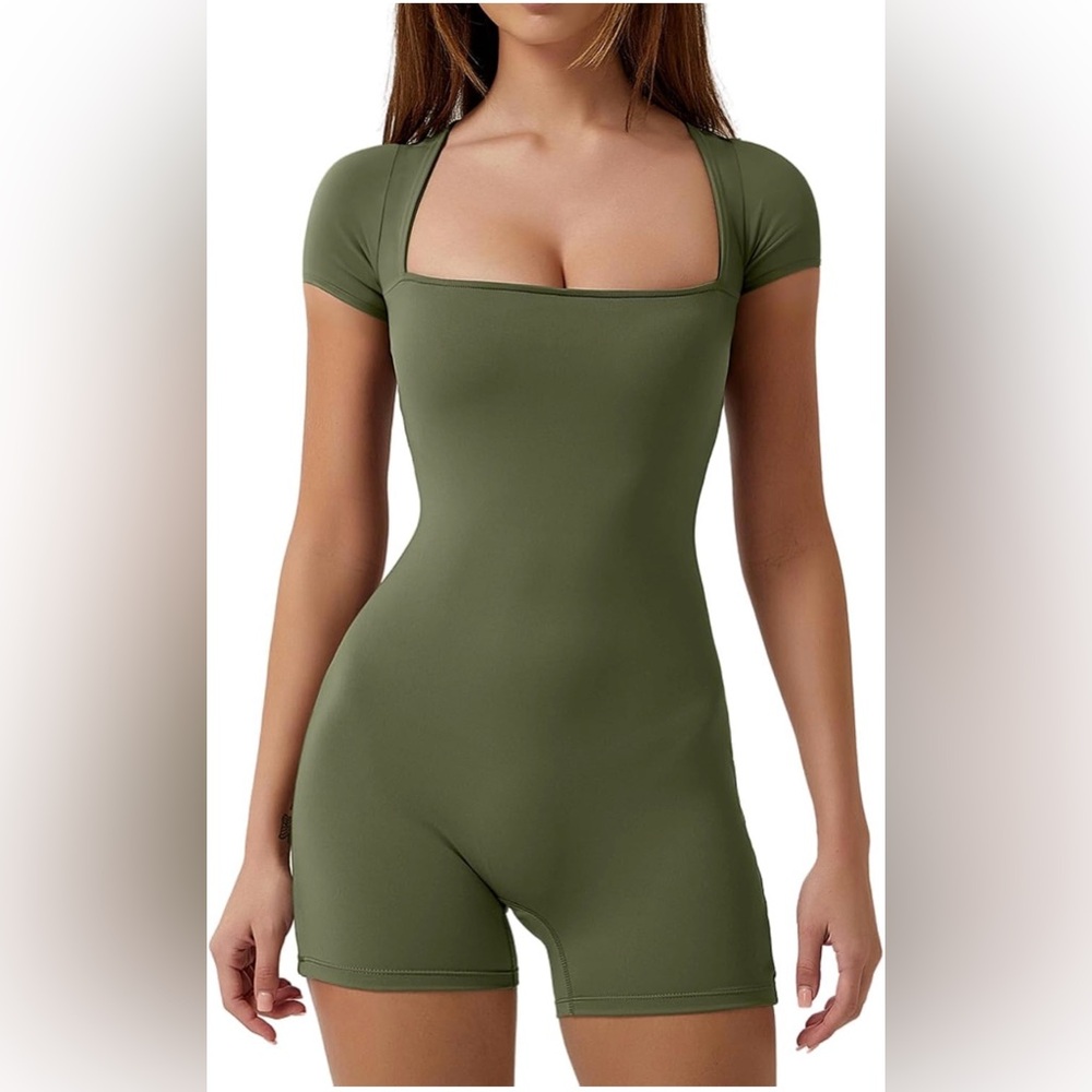 New QINSEN Women's Short Sleeve Bodycon Romper Stretchy Square Neck Jumpsuit